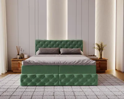 Zdjęcie produktu dla Łóżko Chesterfield kontynentalne z pojemnikiem na pościel Tkanina Royal Velvet Zielony 140x200 cm