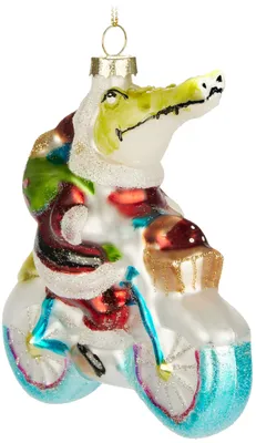 Produktbild von BRUBAKER Krokodil Weihnachtsmann auf Fahrrad - Handbemalte Weihnachtskugel aus Glas - 13 cm Baumkugel - Lustige Weihnachtsdekoration Anhänger