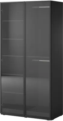 A dark gray modular cabinet with glass doors.