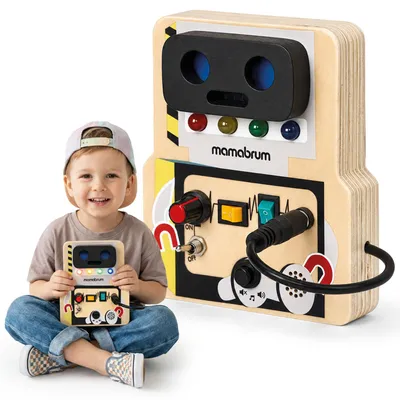 Immagine prodotto di Pannello di controllo Mamabrum a forma di robot, con 4 luci LED, suoni, interruttori, un manopola e cavi, dimensioni 12,5 x 9,5 x 2,8 cm, adatto a bambini dai 3 anni in su