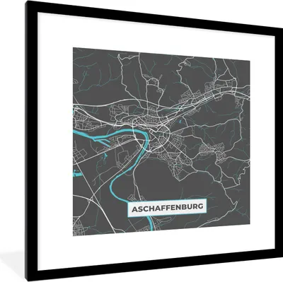 Produktbild von MuchoWow® Gerahmtes Poster Karte - Aschaffenburg - Blau - Stadtplan - Deutschland 40x40 cm - Poster mit Schwarzem Bilderrahmen Wandposter Rahmen Foto Bilder - Poster - Plakat im Rahmen