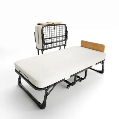 A portable folding bed in use and folded, against a white background.