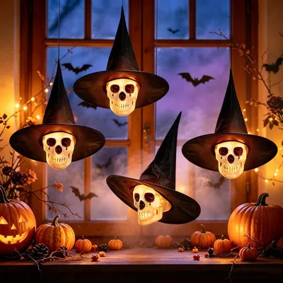 Halloween Hexenhut LED, 4 Stück, mit Totenkopf, Deko