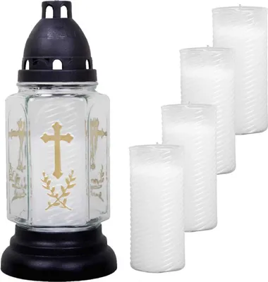 Produktbild von Grableuchte aus Glas (24cm) mit Kreuz inkl. 5 Nachfüllkerzen, Design Buena weiß