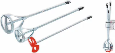 Three mixing attachments for a drill are shown, with one on the right side of the image standing upright.