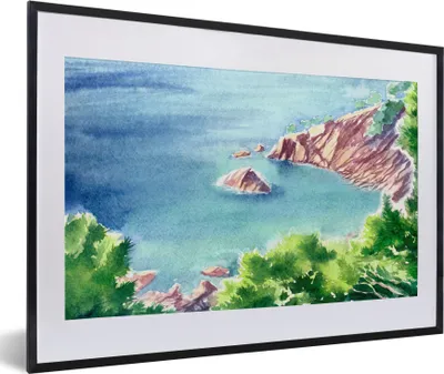 Produktbild von MuchoWow® MuchoWow® Gerahmtes Poster Meer - Berge - Wald 60x40 cm - Poster mit zchwarzem Bilderrahmen - Schlafzimmer - Plakat in Rahmen - Drucken