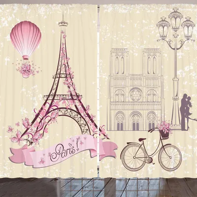 Produktbild von ARANDE Kuss Gardine, Frankreich Romantisch Hauptstadt Zeichen Sehenswürdigkeit Eiffelturm Fahrrad Luftballon, 280 x 245 cm, Pink
