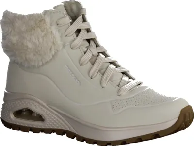 A white high-top sneaker with faux fur trim.