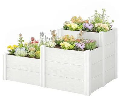 Produktbild von Kräuterbeet Kunststoff modular werkzeugfrei, Hochbeet 3-stufig stapelbar, Pflanzkasten Vinyl offener Boden, Weiß | 15,5 kg | 120x80x64 cm