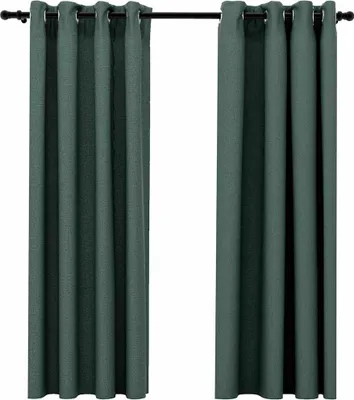 Two green curtains hanging from a black curtain rod against a white background.