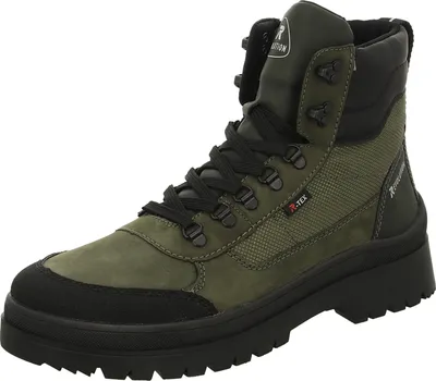 A single green and black hiking boot is shown against a white background.