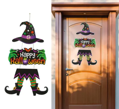 Productafbeelding van Halloween-pompoenplaat, pompoengezichten, heksenhoed, decoratie voor deur en raam, herfst, kleur: meerkleurig