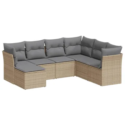 Produktbild von 7-tlg. Modulare Garten-Sofagarnitur, Beige, PE-Rattan, pulverbeschichteter Stahl, UV-beständig, mit Hellgrauen Kissen, abnehmbare & waschbare Bezüge