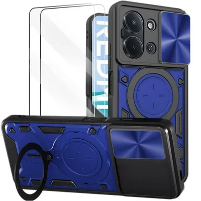 Image de Coque + 2 Verres Trempés pour Xiaomi Redmi 15C 4G/5G, avec Anneau Rotatif Protection Caméra - Bleu Marine
