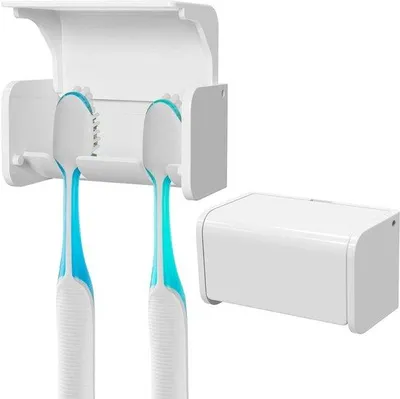 Productafbeelding van Wandbevestigbare tandenborstelhouder met afdekking voor badkamer en douche, zelfklevende wandhouder, 2 tandenborstelhouders (wit)