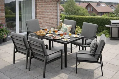 Produktbild von MeXo Gartenlounge-Set Gartenmöbel Set Aluminium 6 Personen, wetterfeste Garten-Essgruppe mit dicke Kissen & Esstisch 140x80x70cm, Outdoor Indoor Möbel