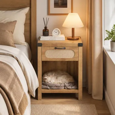 Produktbild von Rattan Nachttisch mit Schublade und Ablage, Boho, Braun