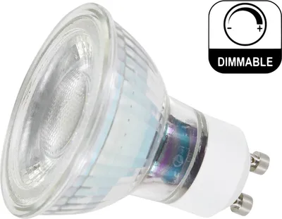 A close-up studio shot of a dimmable LED spotlight bulb with a GU10 base.