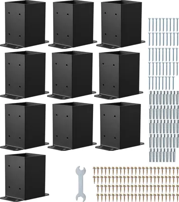 Obrázek produktu pro SucceBuy 4x4 šroubovací objímka, 10 kusů, vnitřní rozměry 91,44 x 91,44 mm, podpěra sloupku z uhlíkové oceli, broušená objímka pro dřevěné sloupky, vhodná pro zábradlí terasových pavilonů a podpěrné desky palub, černá barva