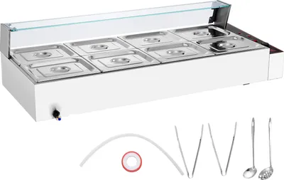 Obrázek produktu pro SucceBuy Komerční ohřívač potravin s 8 pánvemi, 1700W nerezový pultový ohřívač, 8x8QT stříbrný elektrický parní stůl se skleněným krytem, 30-80 °C pro použití v gastronomii