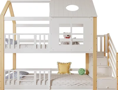 Produktbild von Etagenbett mit 2 Liegeflächen, Lattenrost und Treppe, 90x200 cm, Kinderbett mit Rausfallschutz, Kiefer