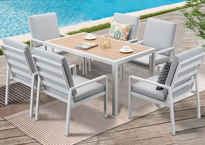 MeXo Gartenmöbel-Sets Essgruppe mit dicke Kissen & Großer Esstisch für 6 Personen, Outdoor Indoor, Balkon/Garten/Terrasse(Sitzgruppe, Aluminiumrahmen)
