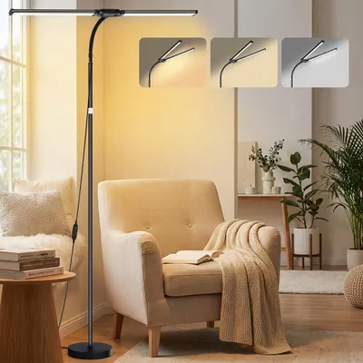 Obrázok produktu pre Stojacia lampa čierna Stmievateľná dvojitá hlava LED stojaca lampa na čítanie Super jasná pre spálňu Obývacia izba Kancelária (H: 50-158cm, 18W, flexibilný husí krk, 3 režimy)