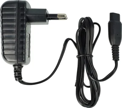 A black power adapter with a European plug and a black cable with a connector.