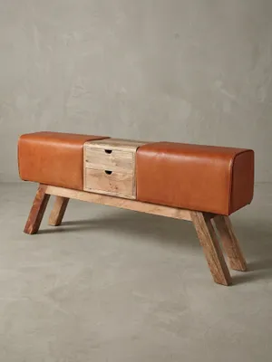 Produktbild von Retro-Sitzbank mit Schubladen: Massivholz, Stoffbezug, 2 Schubladen, Seitentasche. Beige, Material: Leder, 120x30x56 cm | Kadima Design