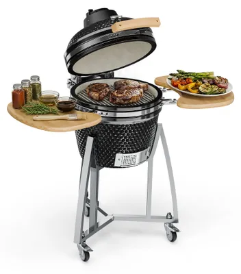 Produktbild von Klarstein Queensize Kamado-Grill - zum Grillen, langsamen Garen, Smoken oder Backen, abnehmbare Seitenteile, Materialien: Keramik, Edelstahl, Bambus, Thermometer von 0-450 °C, 3 Rollen, schwarz