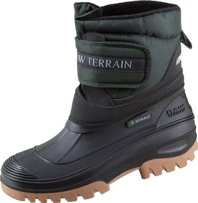 A single black winter boot is shown against a white background.