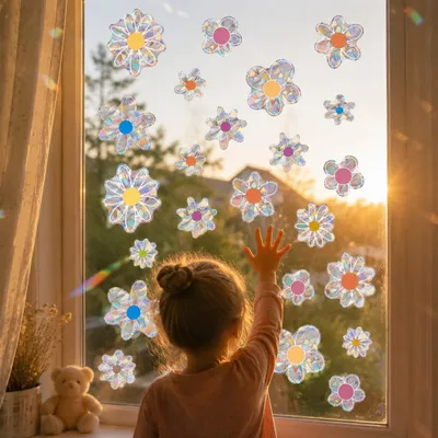 Produktbild von Selbstklebende Fensterbilder, 22 Stück Blumen Fensteraufkleber aus PVC, Vogelschutz Aufkleber für Fenster, Suncatcher Sticker mit Regenbogenfolie, Fenstersticker für Glastüren
