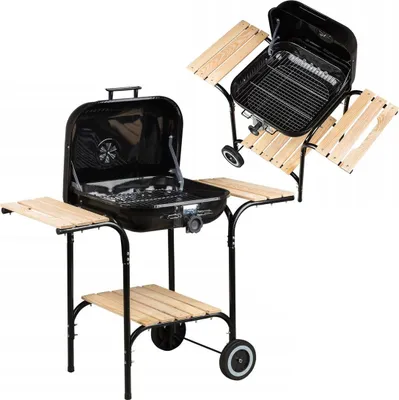 Two black charcoal grills with wooden shelves and legs, shown against a white background. One grill is fully assembled and upright, while the other is tilted and shown from a different angle.