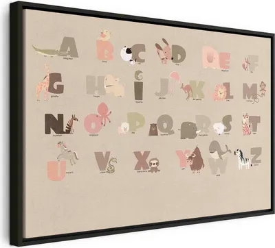 Produktbild von Italienischer Leinwand Leinwandbild - Alphabet at the Zoo - Joyful Animals and Their Names on a Beige Background 60x40 cm Für Kinder e-C-10066-b-a