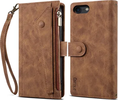 Produktbild von Schutzhülle für iPhone 8/7/6s/6/iPhone SE 2020/SE 2022 Reißverschluss Hülle, Leder Klapphülle Kartenfach Standfunktion Brieftasche mit Trageband Braun