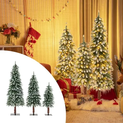 Productafbeelding van COSTWAY Kunstkerstboom, set van 3 met sneeuw, 90+120+150 cm, kerstboom met PVC-naalden, warmwitte LED-verlichting en standaard, dennenboom voor kerst