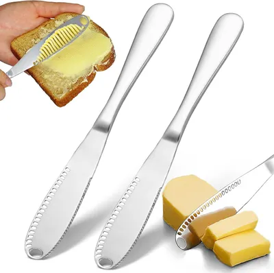 Produktbild von 2 Stück Botermesjes - Kaasmesjes - Botermes - Edelstahl - mit gezackter Kante - zum Schneiden von Käsebutter oder zum Verstreichen von Marmelade