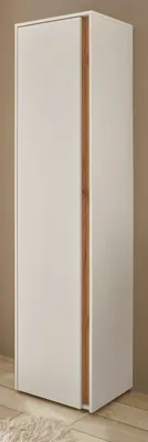 A tall, narrow cabinet with a white front and a vertical wooden accent strip is shown against a brown wall and a wooden floor.