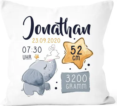 Produktbild von personalisierbarer Kissen-Bezug zur Geburt Elefant Hase Stern Geburtskissen Geschenk Geburt Baby SpecialMe® weiß 40cm x 40cm