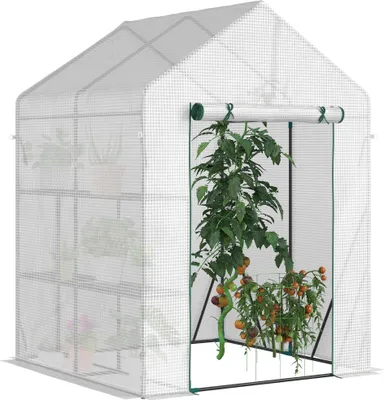 Zdjęcie produktu dla Szklarnia Outsunny z tworzywa sztucznego, szklarnia typu walk-in z 4 półkami, szklarnia na pomidory, szklarnia z drzwiami zamykanymi na zamek, biała stal, tworzywo PE, 143 x 143 x 195 cm