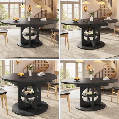 Productafbeelding van Uitschuifbare eettafel, 110–150 x 110 x 76 cm, rond tot ovaal, met geïntegreerd plankje in het tafelpoten, dikker tafelblad, MDF en metaal, draagvermogen tot 60 kg, zwarte houtlook