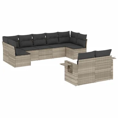 Produktbild von vidaXL 9-tlg. Garten-Sofagarnitur mit Kissen Hellgrau Poly Rattan