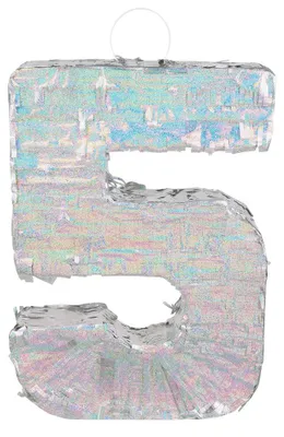 Productafbeelding van Zilveren holografische piñata in de vorm van het cijfer 5 - 40 x 28 x 8 cm, geschikt voor verjaardagen