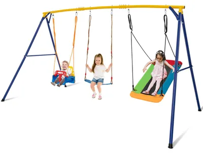 Produktbild von COSTWAY Schaukel mit Gestell & Nestschaukel, Schaukelgestell Metall Outdoor mit Erdspießen, Schaukelgerüst elastisch für Kinder, 350x182x188cm