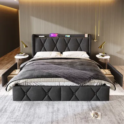 Produktbild von STILVORA Polsterbett 160x200cm Doppelbett mit 4 Schubladen,Jugendbett mit USB-Ladefunktion&Holzlattenrost,Grau (ohne Matratze)