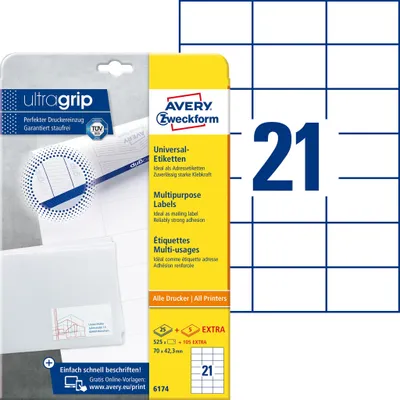 Immagine prodotto di Avery Zweckform® 6174 6174 Etichette universali ultragrip - 70 x 42,3 mm, bianco, 630 etichette, permanenti