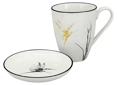 Immagine prodotto di Set di 2 pezzi - Tazza 450ml e ciotola Bird, bianco/nero/oro