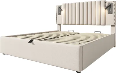 Produktbild von Polsterbett 180x200cm Doppelbett (Ohne Matratze) Baumwolle Beige Stauraumbett Mit Leselicht und USB Ladefunktion Nietendesign Mit Lattenrost