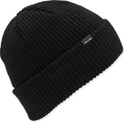 A black knitted beanie hat with a small black label with white text.