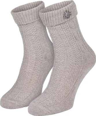 Produktbild von Trachtensocken für Damen & Herren - Schoppersocken mit klassischem Zopfmuster, weichem Umschlagbund & abnehmbarem Edelweiß-Pin - Beige - 39/42